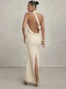 SHEIN Unity Plunge Neck Front Knot & Back Slit Sleeveless Dress - Apricot - View 4