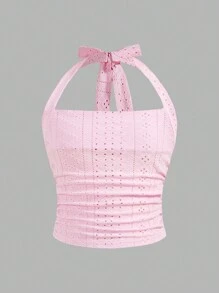 SHEIN Tween Girls Casual Solid Knit Halter Crop Top With Bow Design - Pink - View 1