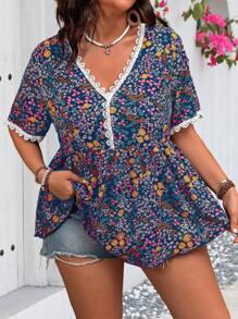 Flirla Plus Ditsy Floral Print Guipure Contrast Lace Blouse - Navy Blue - View 6