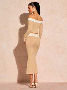 Glamine Knitted Ribbed Color Block Bandeau Top & Long Skirt Set Fall Cloth For Women