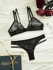 Charlaine Women's French Style See-Through Lace Bra And Hollow Out Panty Set, Lingerie - Black - View 2