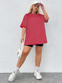 SHEIN EZwear Valentine's Day,Plus Size Women's Summer Loose Striped & Printed Round Neck Drop Shoulder Short Sleeve Casual T-Shirt