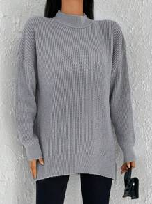 SHEIN Cottnline Mock Neck Drop Shoulder Split Hem Sweater - Grey - View 5