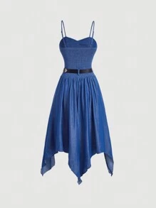 SHEIN MOD 牛仔效果不对称下摆吊带连衣裙（配腰带）、秋冬连衣裙、乡村连衣裙、女士复古服装、蓝色连衣裙、90 年代时尚 - 深色水洗藍 - 查看 2