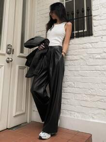 DAZY 女士纯色PU阔腿裤皮裤 - 黑色 - 查看 6