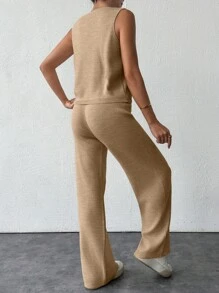 EURMUSE Knitted Plain Vest With Front Row Button, Pockets And Sweater Pants 2-Piece Set - Camel - View 2