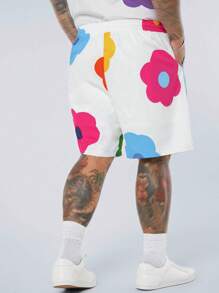Manfinity VCAY Men's Plus Size Casual Woven Shorts With Flower Pattern Print, Mid-Rise Drawstring Waist, Straight Cut, Suitable For Summer Beach - Multicolor - View 3
