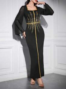 Modelyn Đầm dài tay thanh lịch cổ vuông đơn giản hàng ngày thêu trang trí cho nữ - màu đen - Xem 3