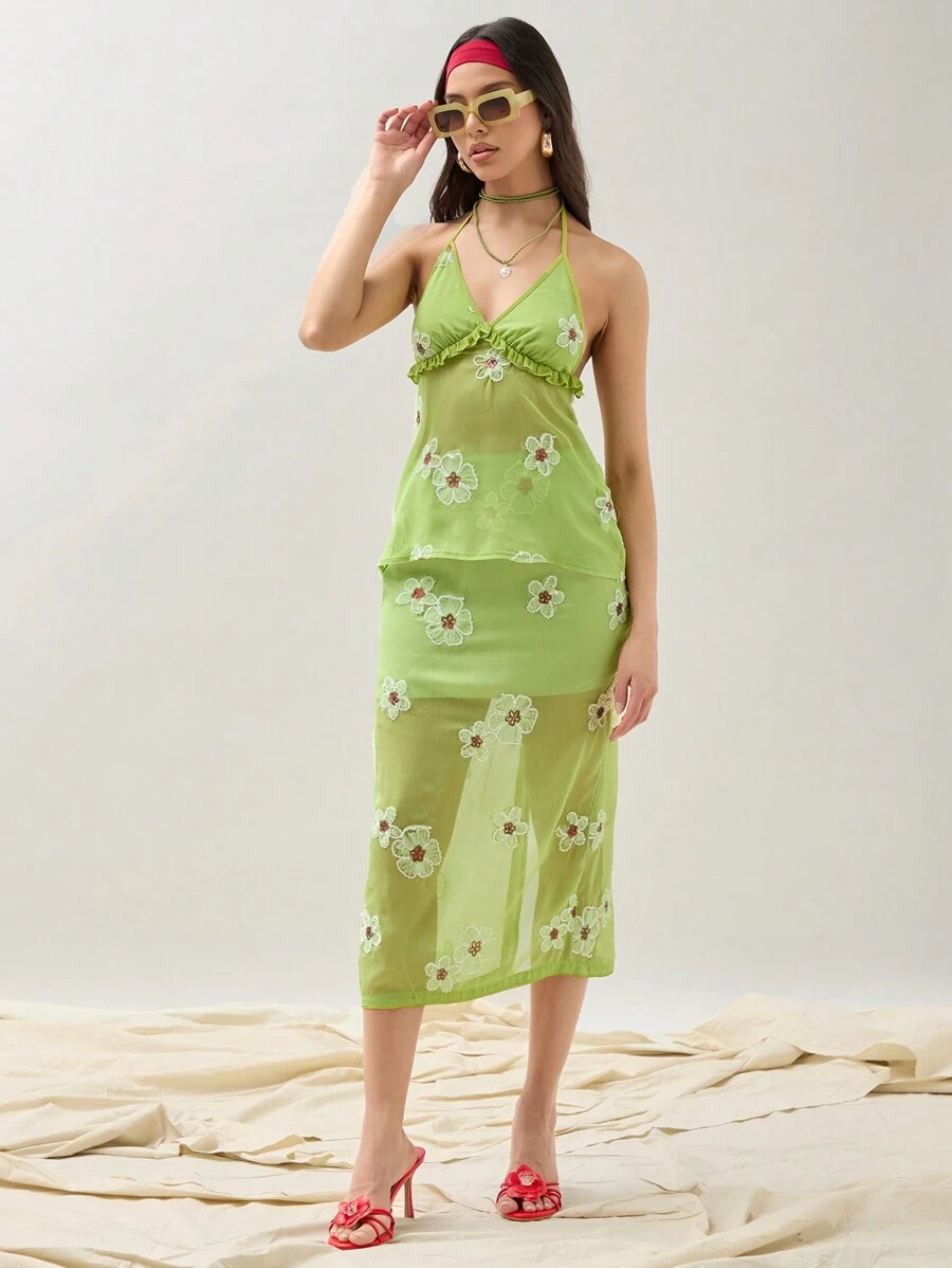 COSMINA Women's Summer Floral Applique Mesh Ruffle Edge Neck-Hanging Long Tank Top - Multicolor - View 1