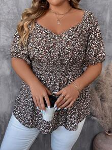 SHEIN CURVE+ Blusa corta de manga globo estampada con flores, adecuada para las vacaciones de verano y otoño, con estilo lindo - Multicolor - Ver 4