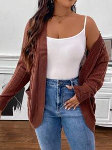 SHEIN Clasi Plus Size Casual, Featuring Pocket Design, Warm, Buttonless Knitted Cardigan. Suitable For Work, Outings, Home, Shopping, And Gatherings , Brown Cardigans In Women In Fall/Winter - Coffee Brown - View 7