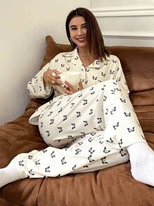 DAZY Butterfly Allover Print Long Sleeve And Long Pants Sleepwear Set Pajama - Beige - View 3