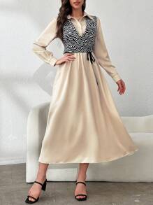 Mulvari Conjunto de 2 piezas de vestido de camisa de unicolor con chaleco de estampado de cebra casual para mujer en primavera y otoño