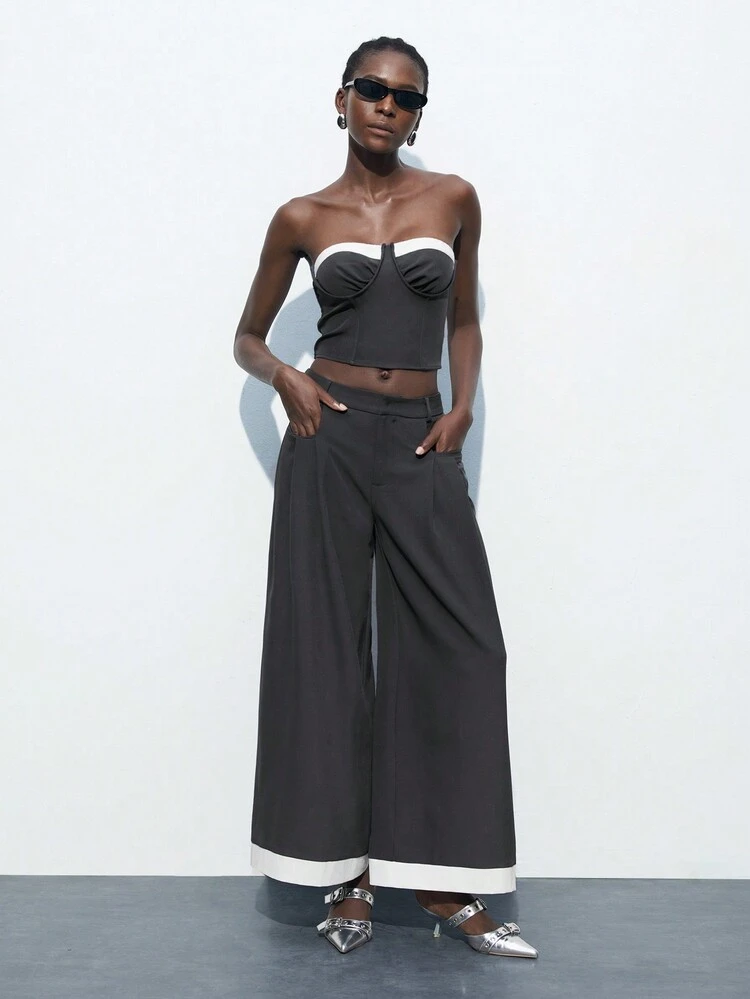 SHEIN Maija Contrast Color Decorated Wide-Leg Casual Pants For Women, Grey & White