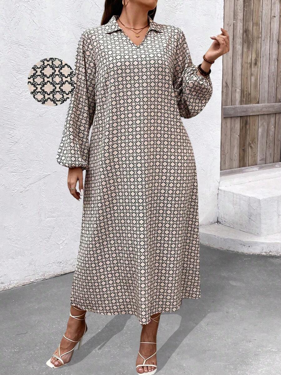 SHEIN Clasi Plus Size Women's Geometric Print Lantern Sleeve Dress