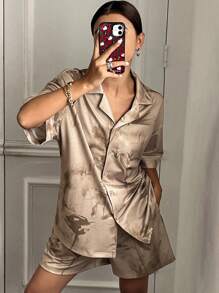 DAZY Chinese Ink Print Pajama Set - Brown - View 4