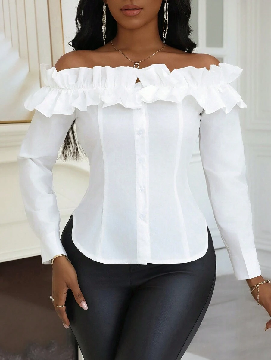 Zolique 春夏休闲纯色荷叶边荷叶边衬衫 - 白色 - 查看 1