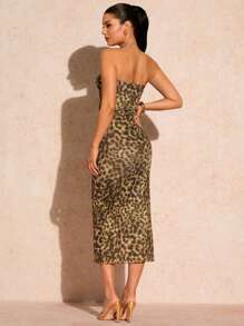 Glamine Women's Summer Fashion Leopard Print Ruched Bodycon Strapless Dress - Khaki - View 2