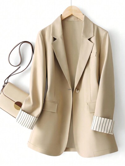 Blazer regular de una sola botón con parches a rayas y puños para mujer