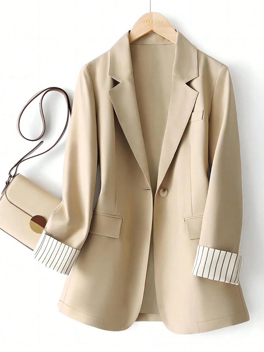 Women's Cuff Striped Patchwork One Button Regular Blazer - Khaki - View 1