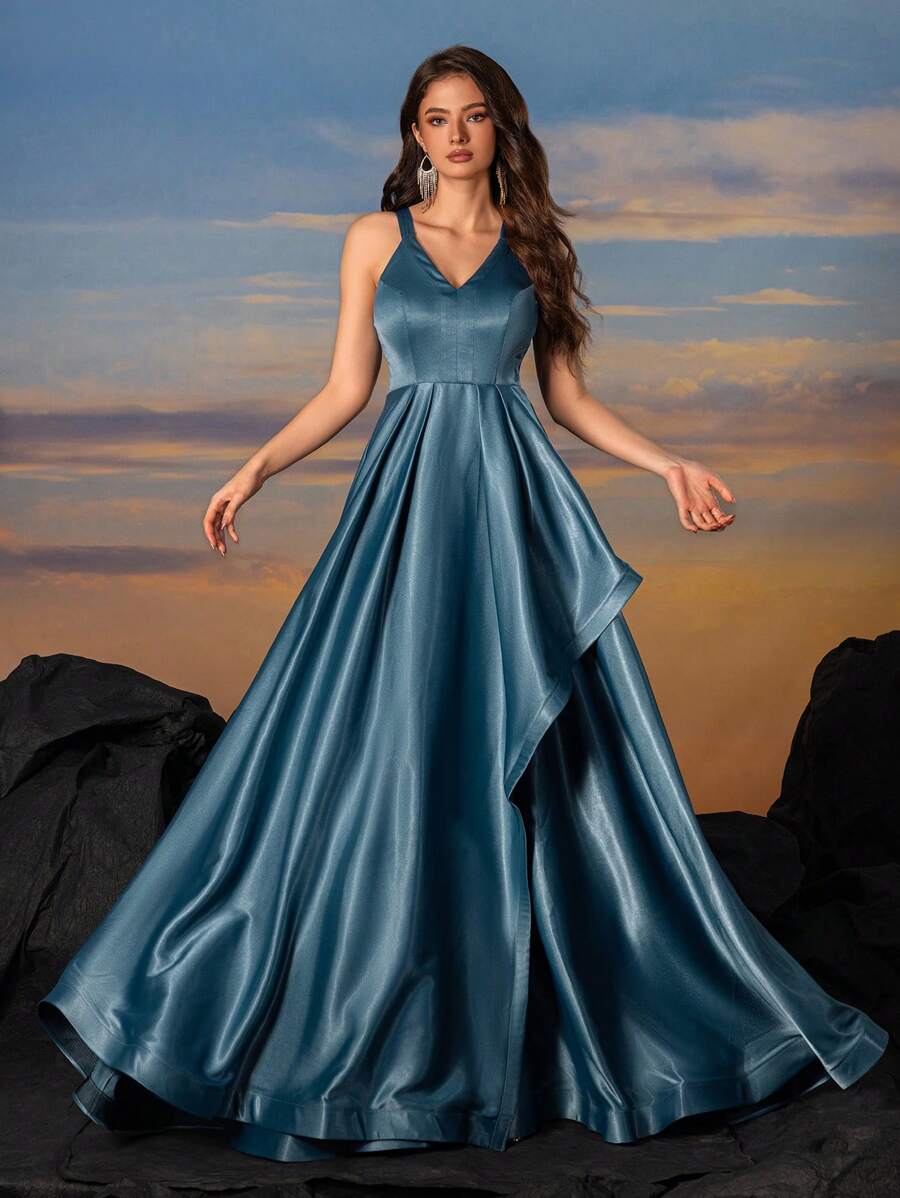 Sleek Satin V-Neck Fishbone Pleats With Asymmetrical Ruffle Trim, Elegant Fit And Flare Gown Dress Party Dress Wedding Guest Dress Formal Dress Evening Dress