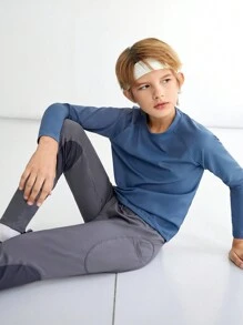 SHEIN Sporty Gray Yoga Pants For Tween Boys, Elastic, Comfortable, Breathable And Sweat-Absorbing With Fashionable Knot, Suitable For Training, Running And Cycling