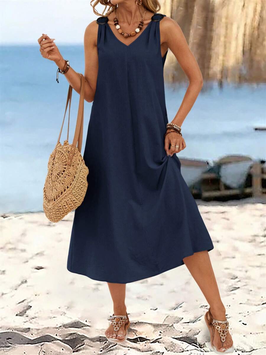 Sylviya 女士夏季純色環形扣V領無袖長裙 - 藏蓝色 - 查看 1