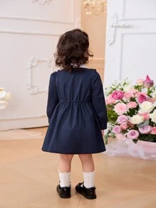 SHEIN Baby Girls' Elegant Vintage Black & White Patchwork Dress, Autumn/Winter - Navy Blue - View 2