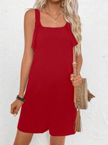 SHEIN LUNE Solid Color Wide Strap Sleeveless Jumpsuit, Simple And Casual For Everyday Wear - Red - View 3