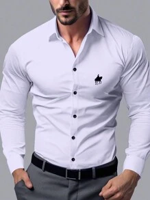Manfinity Homme Camisa casual de manga larga de primavera y verano para hombre con estampado de caballero - Blanco - Ver 1