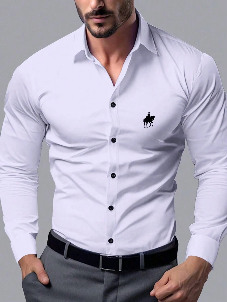Manfinity Homme Camisa casual de manga larga de primavera y verano para hombre con estampado de caballero - Blanco - Ver 1
