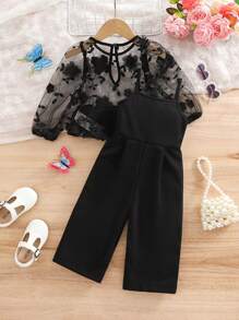 SHEIN Bộ đồ cho bé gái gồm áo tay dài và quần dài màu trơn cạp chun in hoa bằng vải lưới, thích hợp cho mùa hè. - màu đen - Xem 2