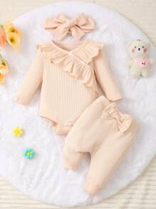 SHEIN Baby Girl's Lovely And  Ruffle Bodysuit With Long Pants, Including Headband, Spring/Autumn - Apricot - View 4
