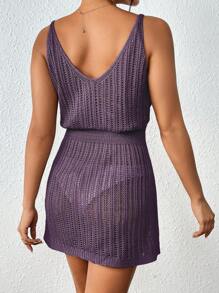 SHEIN Swim Đầm suông hở lưng cổ chữ V màu trơn không tay mùa hè - Màu tím - Xem 2