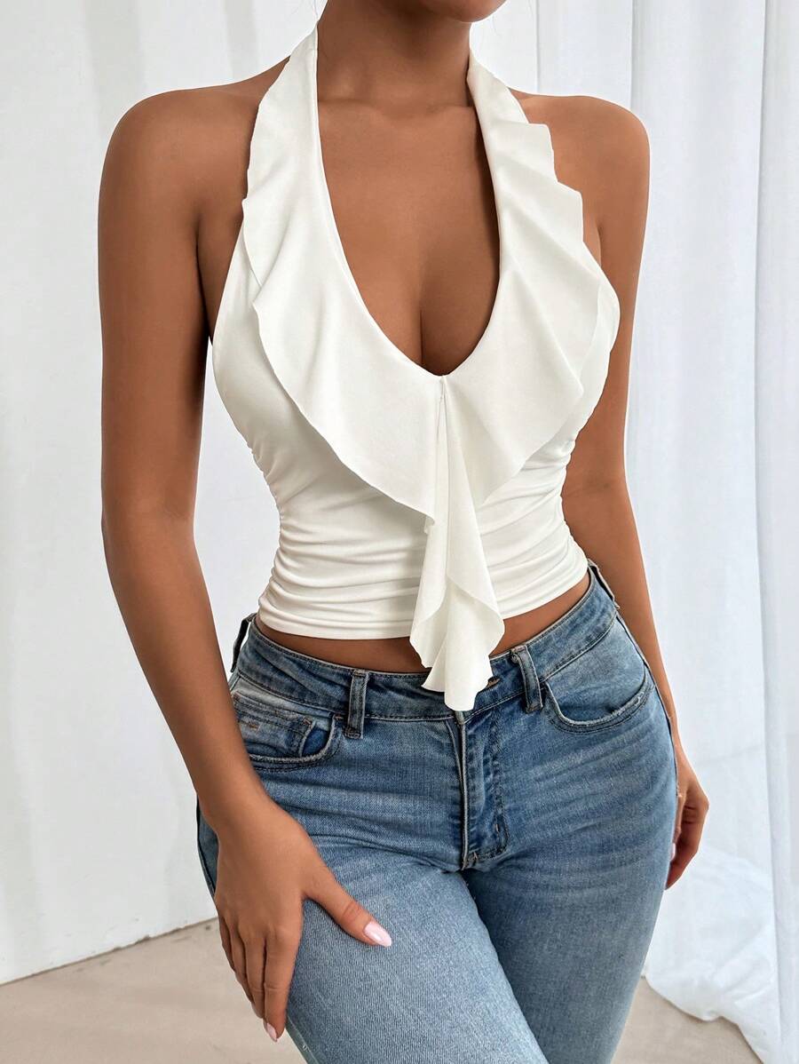 Allurite Sexy Women's Summer Solid Color Splice Ruffle Trim Slim-Fit Halter Neck Tank Top - White - View 1