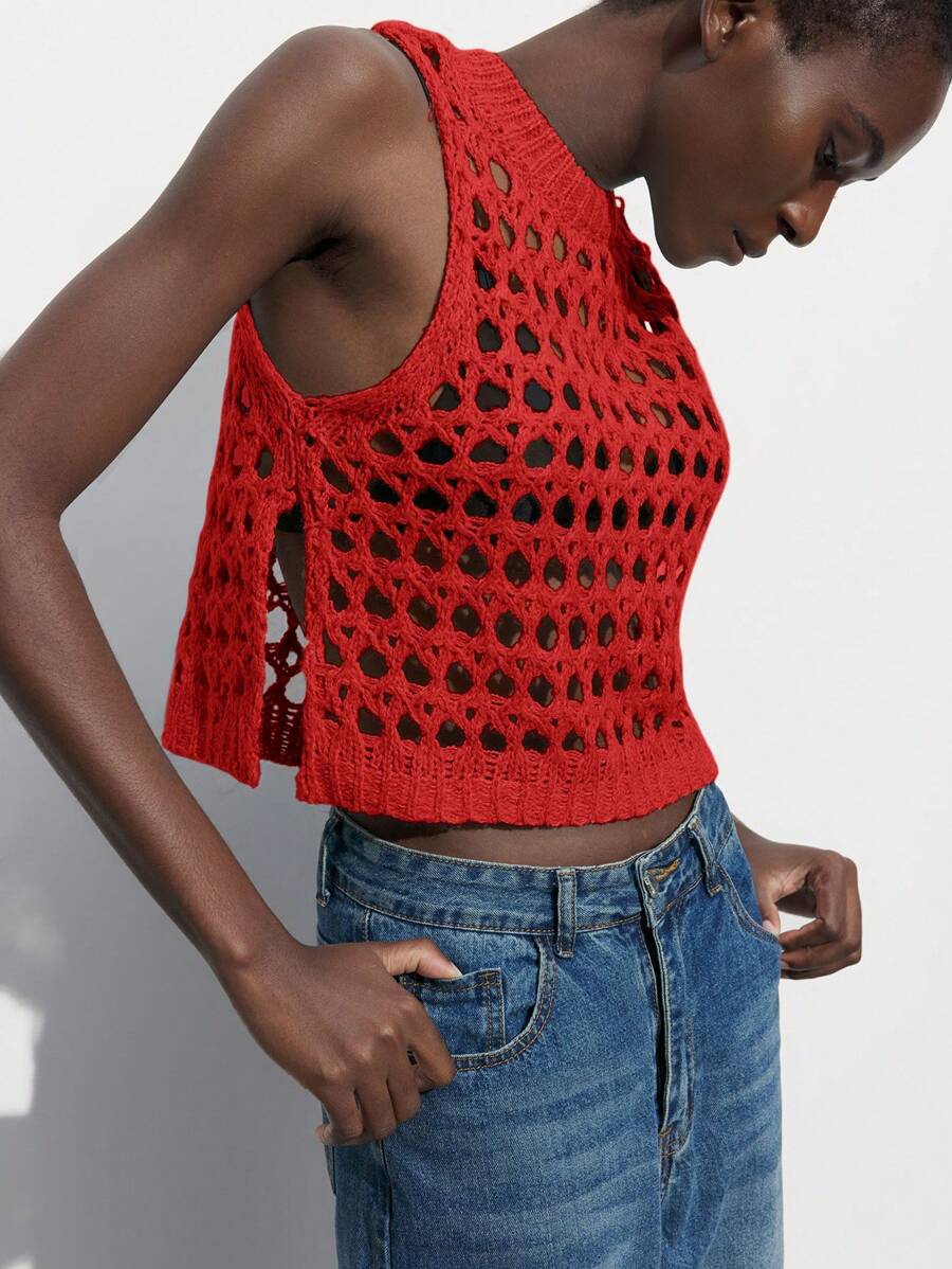 Maija 纯色圆领短款上衣，侧开衩，镂空网眼细节，红色 - 紅色 - 查看 1