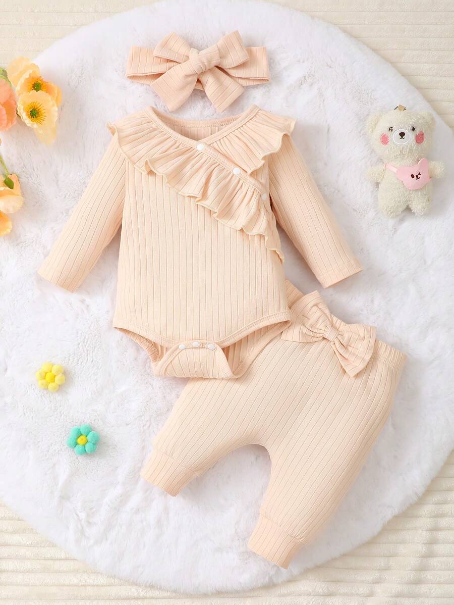 SHEIN Baby Girl's Lovely And  Ruffle Bodysuit With Long Pants, Including Headband, Spring/Autumn - Apricot - View 1