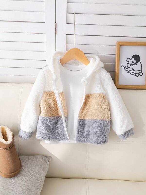 SHEIN جاكيت ربيعي/شتوي لطفل صبي/بنت بغطاء رأس فروي بلوك بألوان جذابة وبسيطة، كاجوال ورائج