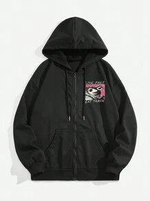 Vincenttrinidadart Fashionable Street Raccoon Printed Hooded Long Sleeve Zipper Sweatshirt - Black - View 2