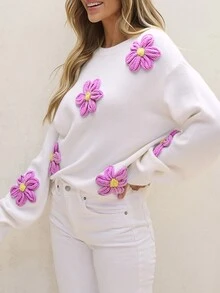 Acelitt Áo len dài tay cổ tròn màu trơn, dễ thương và thanh lịch với họa tiết hoa, thích hợp cho ngày Valentine hoặc đi nghỉ mát. - trắng - Xem 4