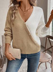 SHEIN LUNE Casual Color Block Patchwork Slant Placket Cardigan, Autumn/Winter