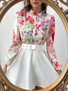 Chiquease Regular Lantern Sleeve Printed Belted Women's Dress - Multicolor - View 6