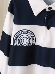 SHEIN Young Boys' Casual Sporty College Wide Striped Polo Shirt With Badge & Number Print, Blue & White, Suitable For Autumn Wear Alone, Suitable For Winter Wear With Outerwear, Suitable For Sports, Suitable For School,Holiday,Summer,Travel