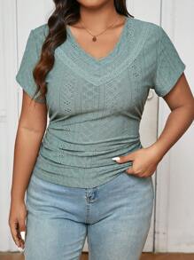 SHEIN Frenchy Plus Size Áo thun ngắn tay cổ chữ V phối ren thông thường - màu xanh lá - Xem 5