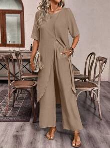 EMERY ROSE Women's Round Neck Short Sleeve Cross High Low Top And Pants Casual Two-Piece Set - Khaki - View 4