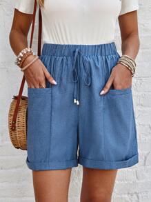 EMERY ROSE Phong cách nghỉ dưỡng Viền cuộn thường ngày, Thắt nút phía trước, Quần short denim hai túi - Màu xanh lam - Xem 3