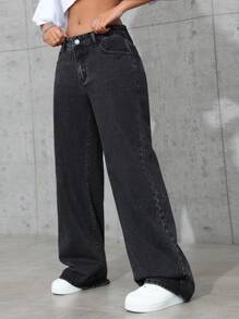 SHEIN ICON 女式直筒宽松休闲黑色牛仔裤，带口袋，百搭 - 黑色 - 查看 5