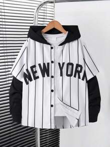 SHEIN Tween Boy Striped Patchwork Long Sleeve Letter Printed Button-Up Jacket. Daily Casual - Black and White - View 1