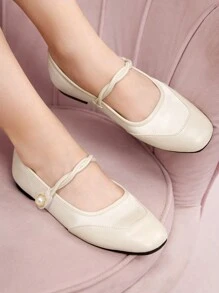 CUCCOO DOLLMOD 法式玛丽珍平底鞋配珍珠纽扣，舒适拼接芭蕾平底鞋，适合万圣节女式 - 米色 - 查看 4