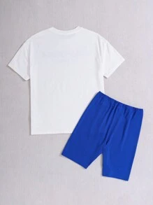 SHEIN Teen Girl's Blue & White Casual Sports Loose T-Shirt And Cycling Pants Set With English Logo Print - Blue and White - View 2